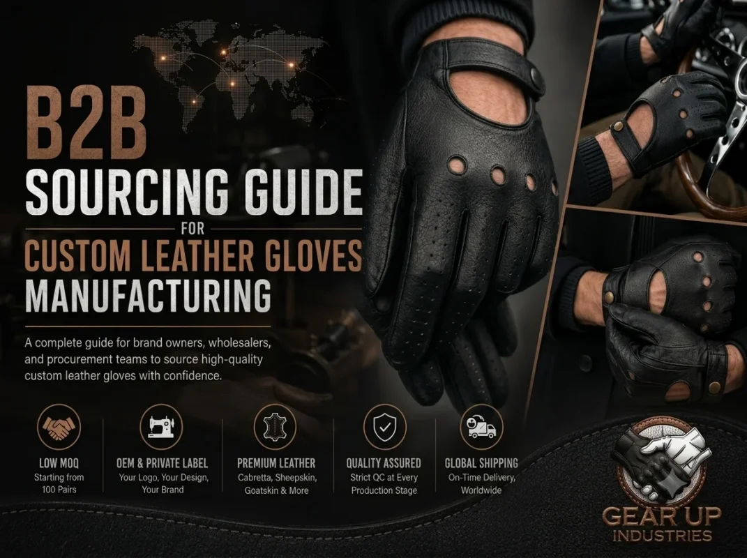 B2B sourcing guide banner for custom leather gloves manufacturing featuring black leather driving gloves and global shipping details.