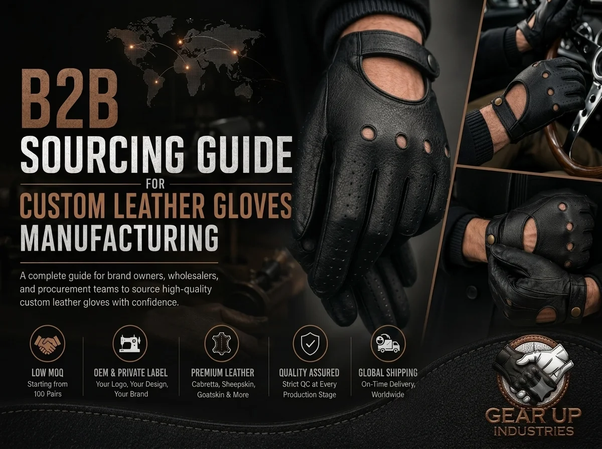 B2B sourcing guide banner for custom leather gloves manufacturing featuring black leather driving gloves and global shipping details.