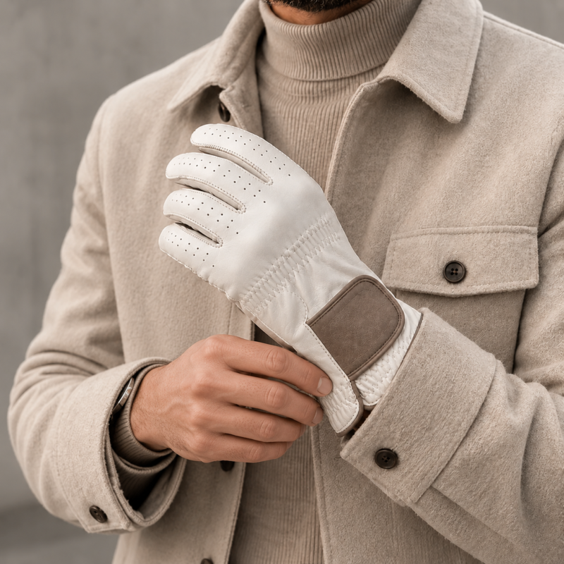Stylish left-hand leather golf glove worn during a golf swing outdoors