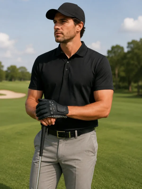 Close-up of cabretta leather golf glove with breathable perforations and flexible fit