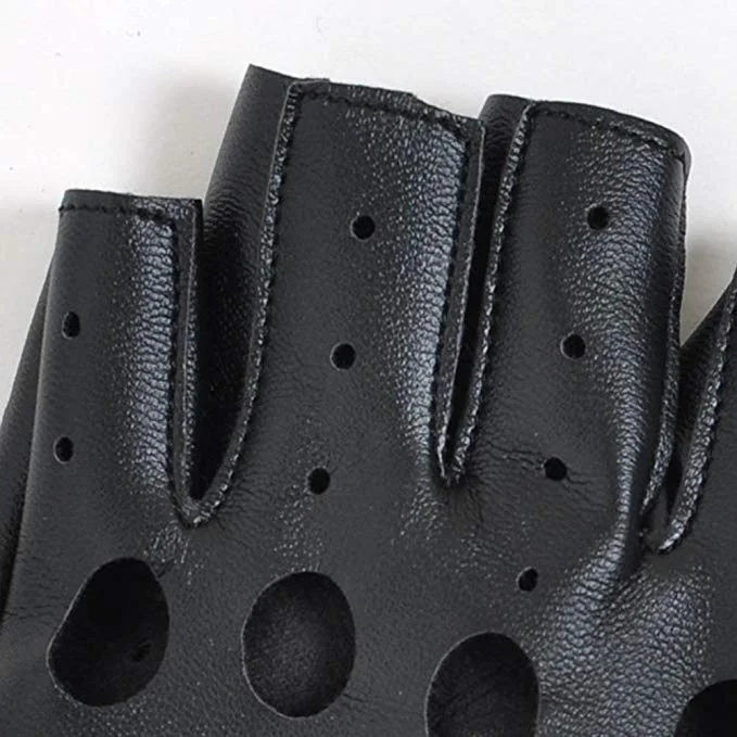 Detailed view of the open-finger design and small perforation holes on black leather gloves.