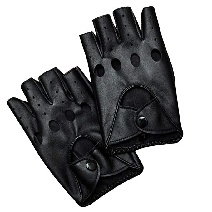 Pair of black fingerless leather driving gloves with knuckle holes and wrist snap buttons.