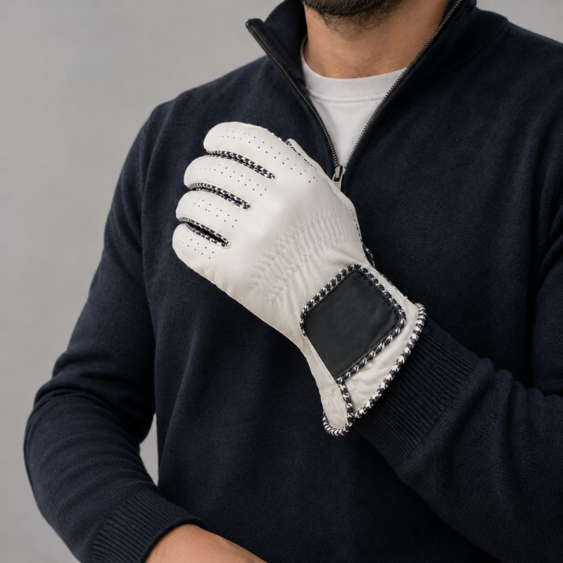 Stylish left-hand leather golf glove worn during a golf swing outdoors