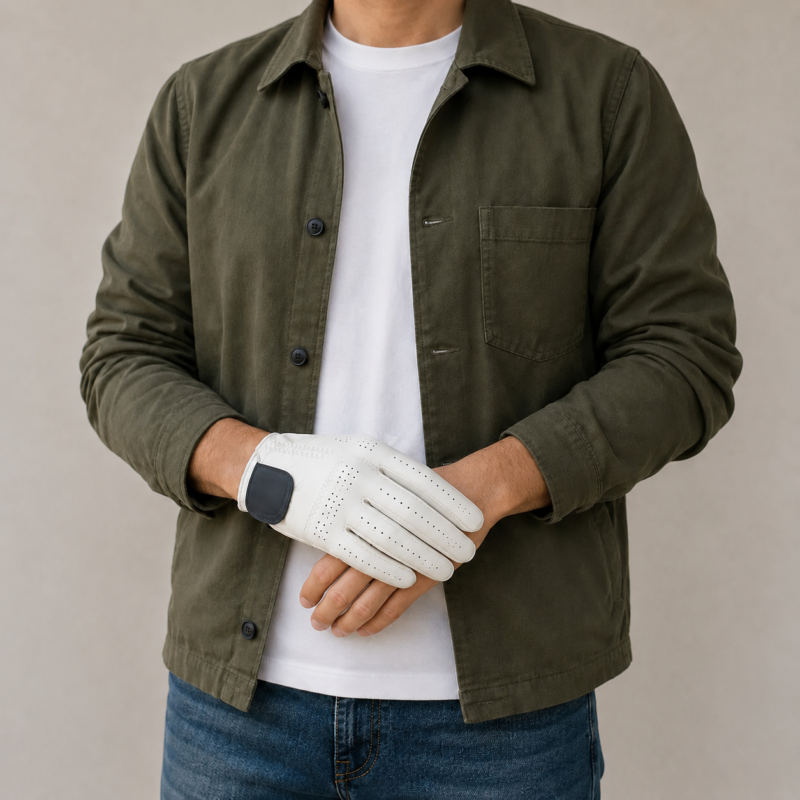 Elegant white leather golf glove with secure velcro closure and soft grip feel