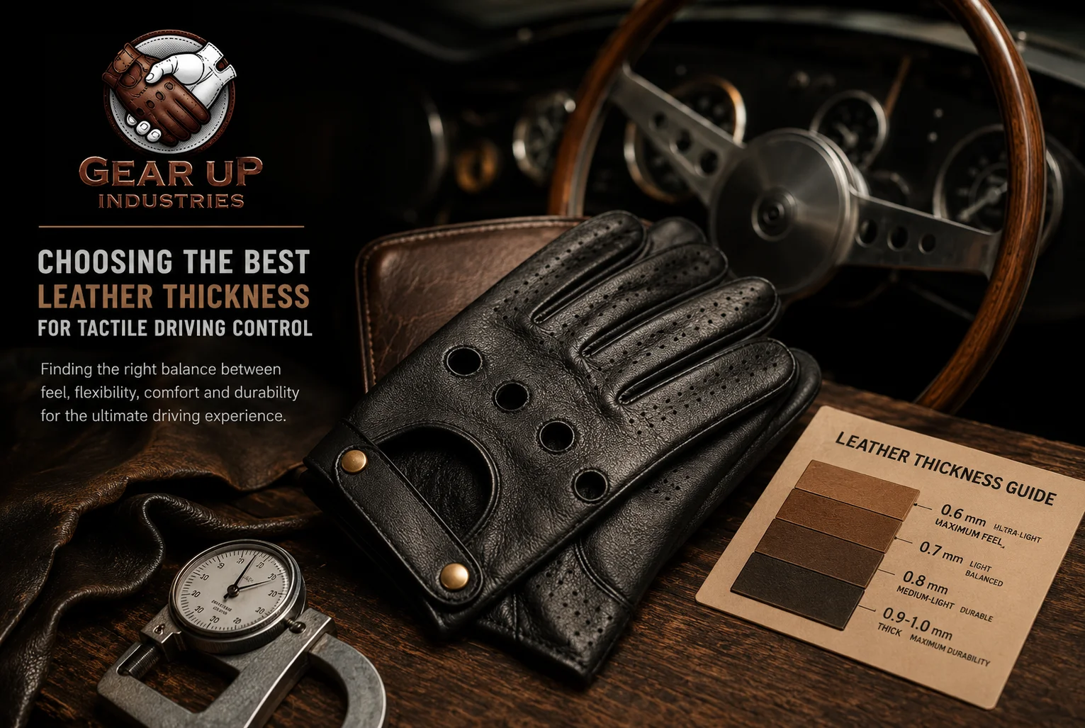 Leather driving gloves with a leather thickness guide for tactile driving control