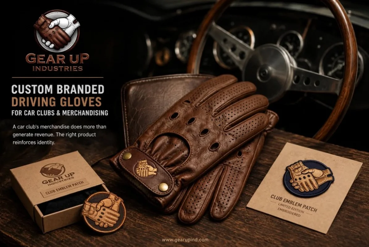 Custom Branded Driving Gloves for Car Clubs and Merchandising - brown leather perforated gloves with embroidered club emblem patch - Gear Up Industries