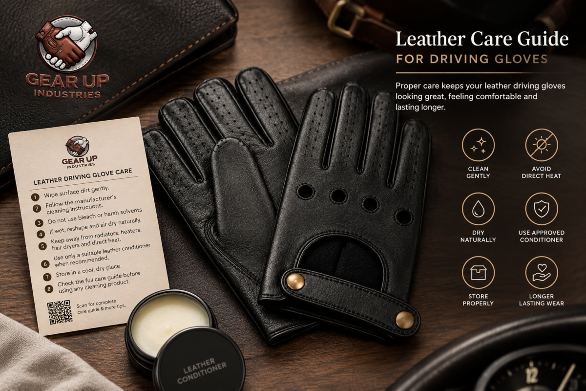 Leather care guide for driving gloves with cleaning, drying, conditioning, and storage tips