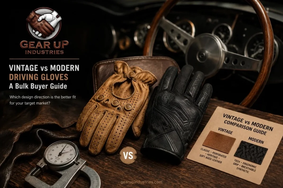 Vintage vs Modern Driving Gloves comparison - brown perforated leather vintage gloves versus black tech ergonomic modern gloves with steering wheel background - Gear Up Industries bulk buyer guide