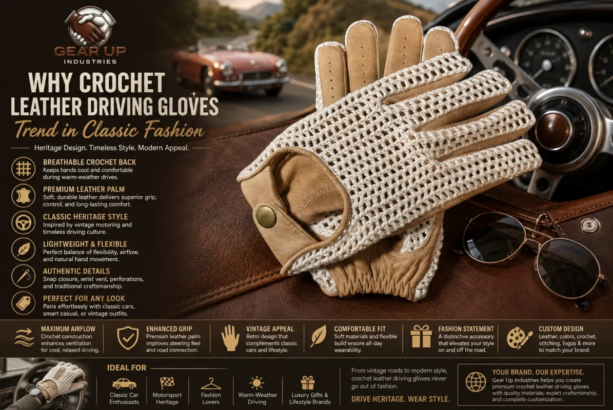 Crochet leather driving gloves with breathable crochet backs and premium leather palms