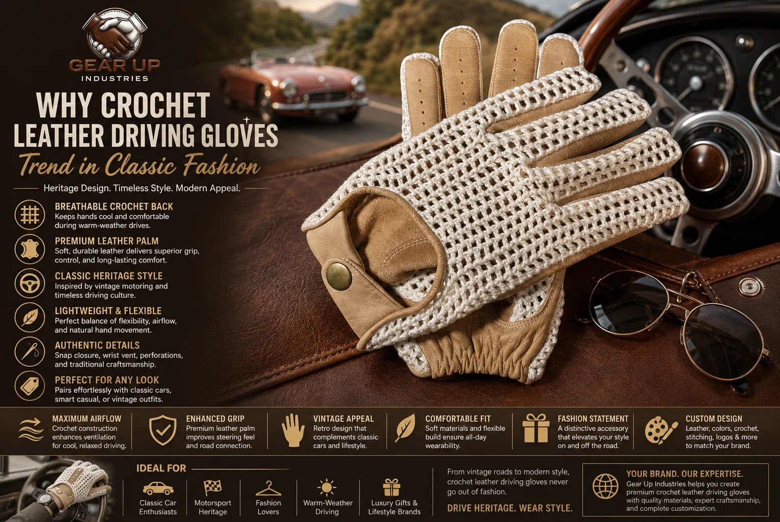 Crochet leather driving gloves with breathable crochet backs and premium leather palms