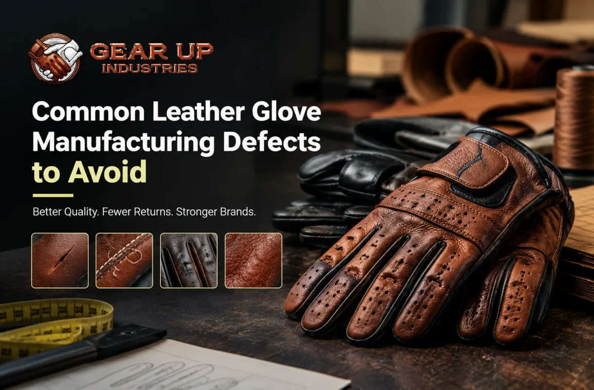 Common leather glove manufacturing defects, including leather damage, stitching issues, and quality inspection details