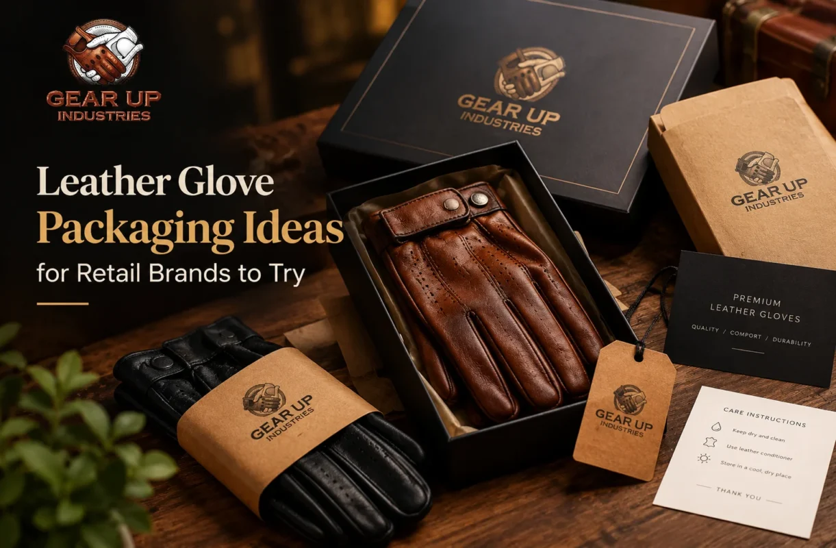 Leather glove packaging ideas featuring premium branded boxes, kraft paper sleeves, and leather gloves by Gear Up Industries