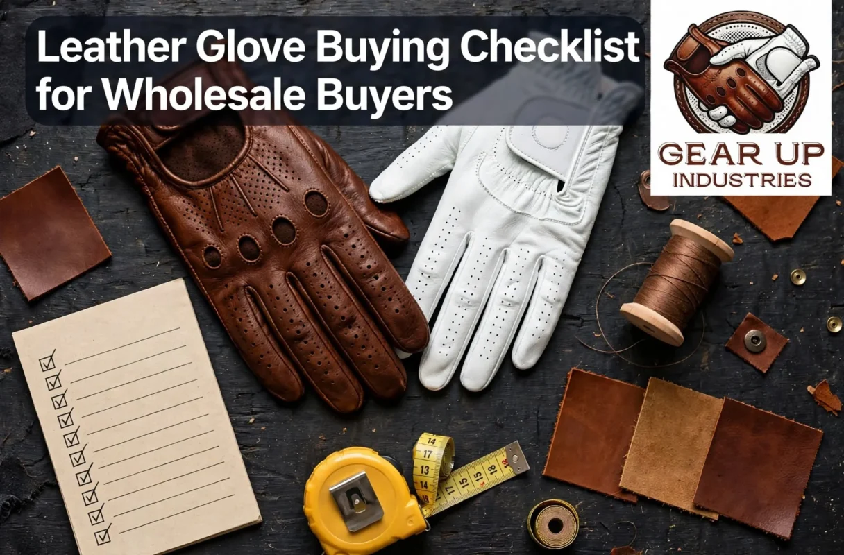 Leather glove buying checklist showing brown driving glove and white golf glove with leather swatches and quality control tools