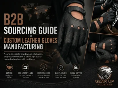 B2B sourcing guide banner for custom leather gloves manufacturing featuring black leather driving gloves and global shipping details.